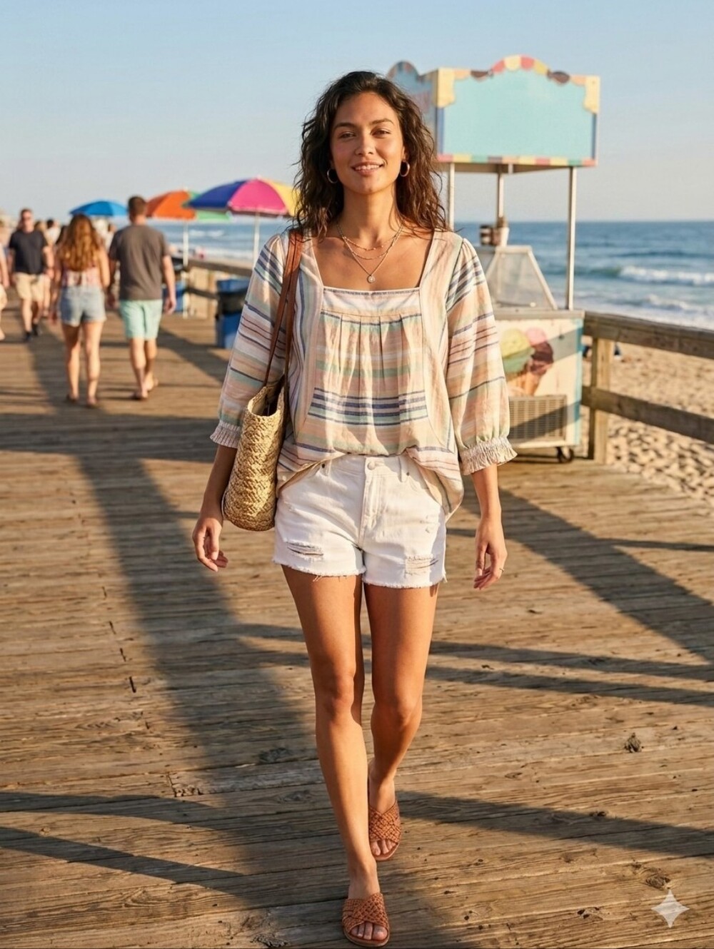 AVA JAMES Striped Square-Neck Peasant Top in Pastel